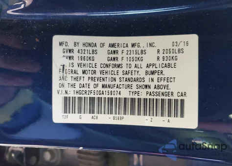 2016 Honda Accord Sport from USA, damaged, VIN 1HGCR2F50GA159074